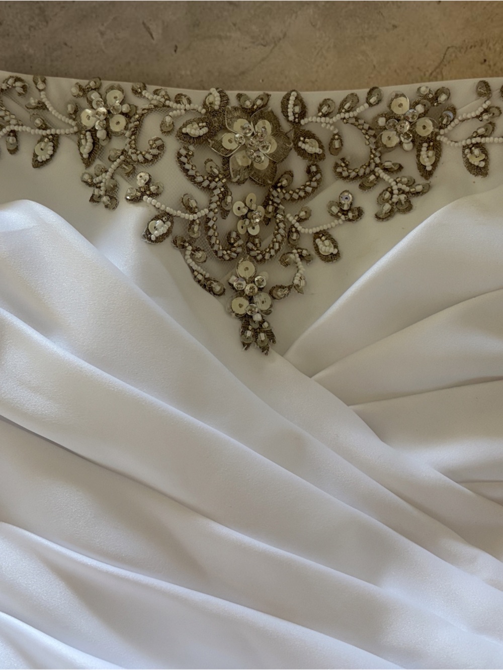 David's Bridal White Dress with Gold Beaded Embellishment